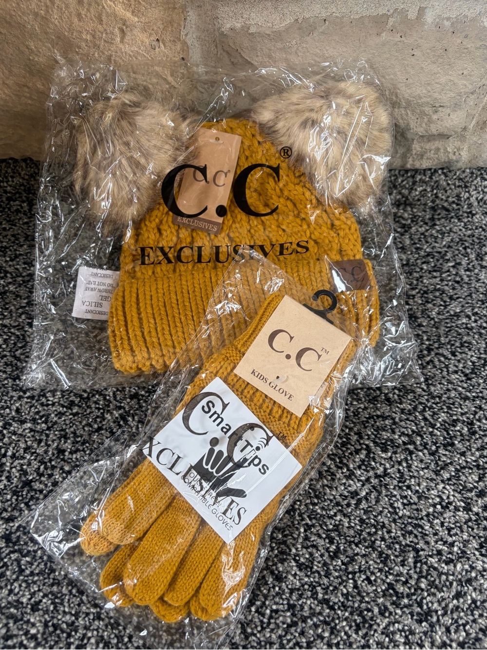 C.C Kids Double Pom Beanie & Matching Gloves in Mustard